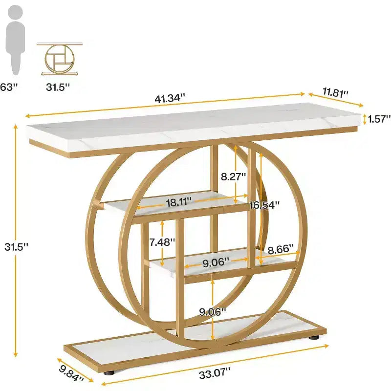 Console industrielle Lantine de 105 cm, table de canapé à 4 niveaux avec base circulaire et rangement pour salon, couloir, hall d'entrée