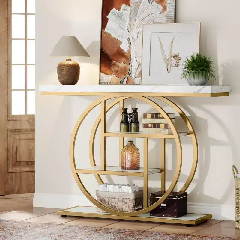 Console industrielle Lantine de 105 cm, table de canapé à 4 niveaux avec base circulaire et rangement pour salon, couloir, hall d'entrée