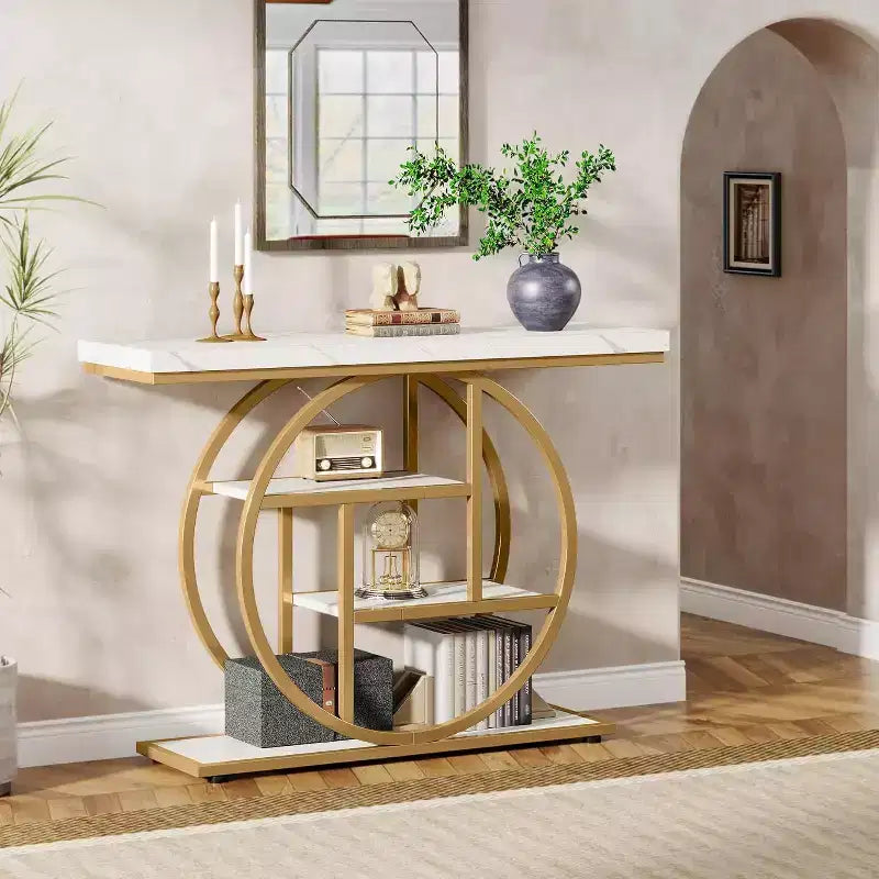 Console industrielle Lantine de 105 cm, table de canapé à 4 niveaux avec base circulaire et rangement pour salon, couloir, hall d'entrée