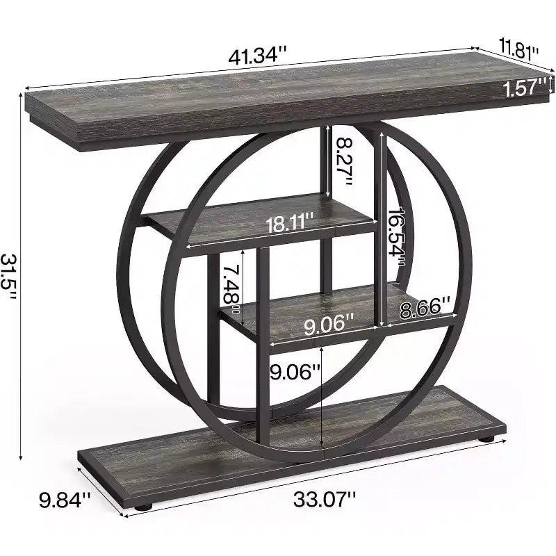 Console industrielle Lantine de 105 cm, table de canapé à 4 niveaux avec base circulaire et rangement pour salon, couloir, hall d'entrée