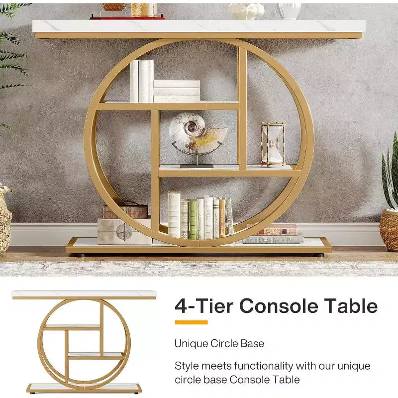 Console industrielle Lantine de 105 cm, table de canapé à 4 niveaux avec base circulaire et rangement pour salon, couloir, hall d'entrée