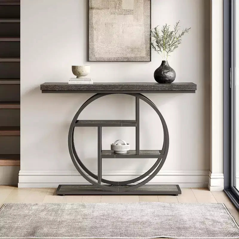 Console industrielle Lantine de 105 cm, table de canapé à 4 niveaux avec base circulaire et rangement pour salon, couloir, hall d'entrée