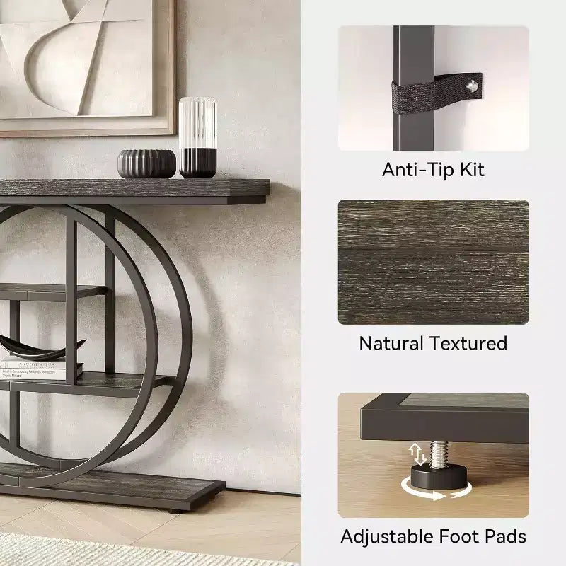 Console industrielle Lantine de 105 cm, table de canapé à 4 niveaux avec base circulaire et rangement pour salon, couloir, hall d'entrée