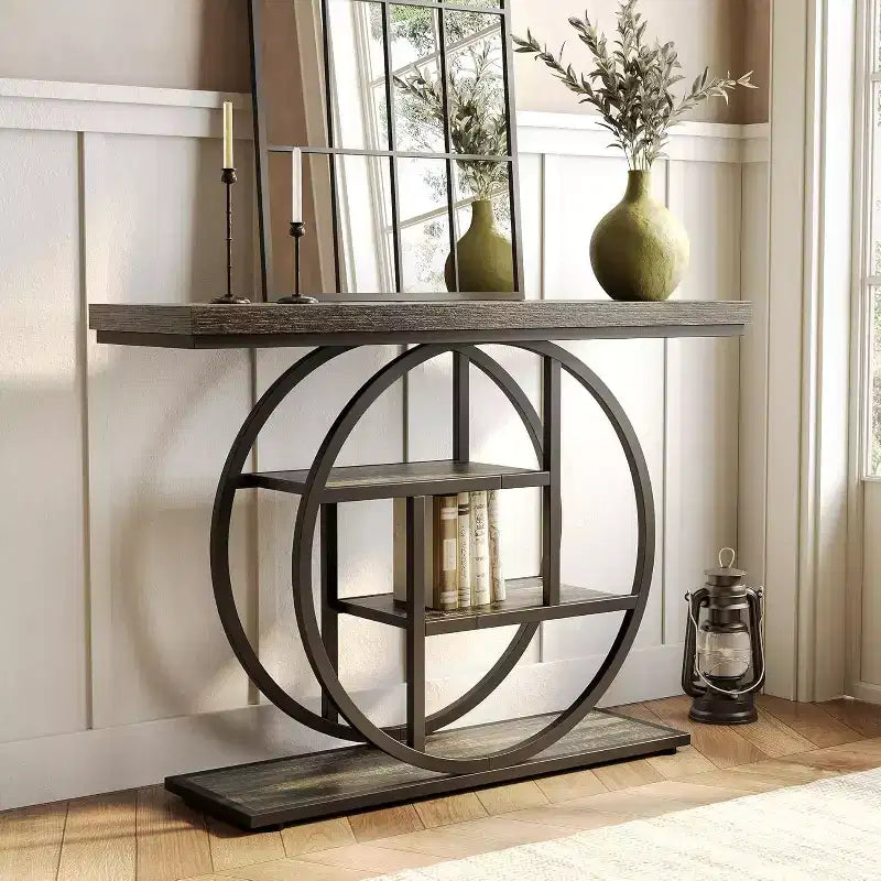 Console industrielle Lantine de 105 cm, table de canapé à 4 niveaux avec base circulaire et rangement pour salon, couloir, hall d'entrée