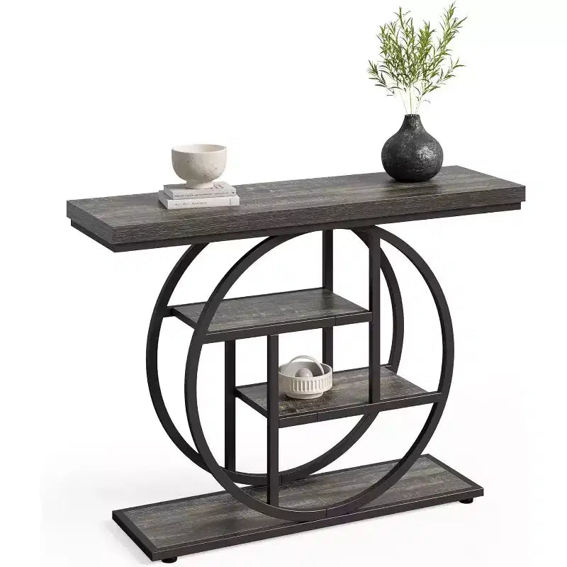 Console industrielle Lantine de 105 cm, table de canapé à 4 niveaux avec base circulaire et rangement pour salon, couloir, hall d'entrée