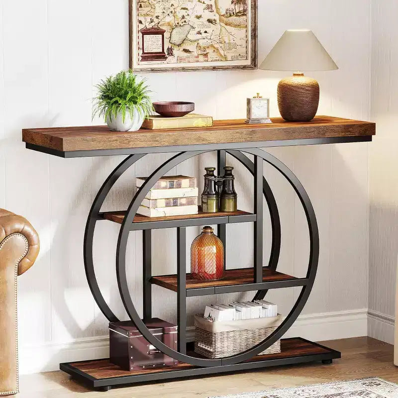 Console industrielle Lantine de 105 cm, table de canapé à 4 niveaux avec base circulaire et rangement pour salon, couloir, hall d'entrée