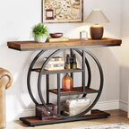 Console industrielle Lantine de 105 cm, table de canapé à 4 niveaux avec base circulaire et rangement pour salon, couloir, hall d'entrée