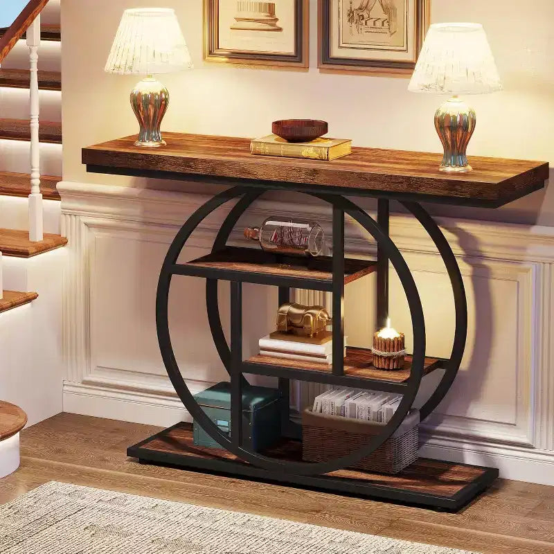 Console industrielle Lantine de 105 cm, table de canapé à 4 niveaux avec base circulaire et rangement pour salon, couloir, hall d'entrée