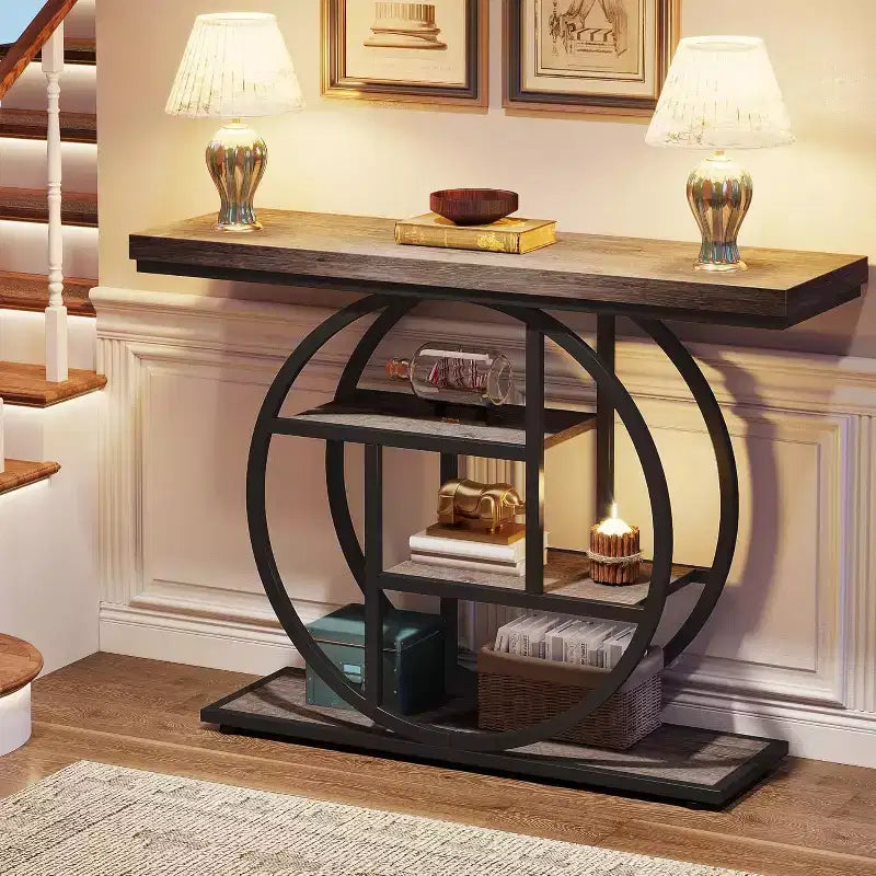 Console industrielle Lantine de 105 cm, table de canapé à 4 niveaux avec base circulaire et rangement pour salon, couloir, hall d'entrée