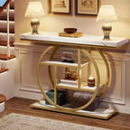Console industrielle Lantine de 105 cm, table de canapé à 4 niveaux avec base circulaire et rangement pour salon, couloir, hall d'entrée