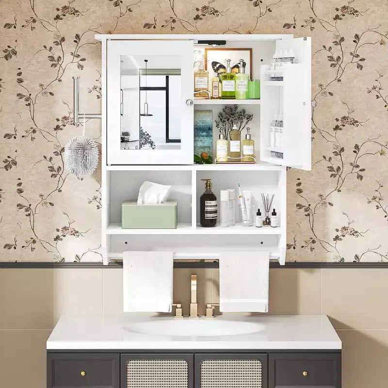 Meuble haut de salle de bain VECELO avec éclairage à détecteur, armoire à pharmacie murale avec étagères de rangement et porte-serviettes pour salle de bain ou buanderie, blanc