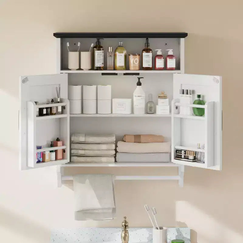 Meuble haut de salle de bain VECELO avec éclairage à détecteur, armoire à pharmacie murale avec étagères de rangement et porte-serviettes pour salle de bain ou buanderie, blanc