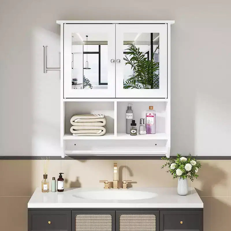 Meuble haut de salle de bain VECELO avec éclairage à détecteur, armoire à pharmacie murale avec étagères de rangement et porte-serviettes pour salle de bain ou buanderie, blanc