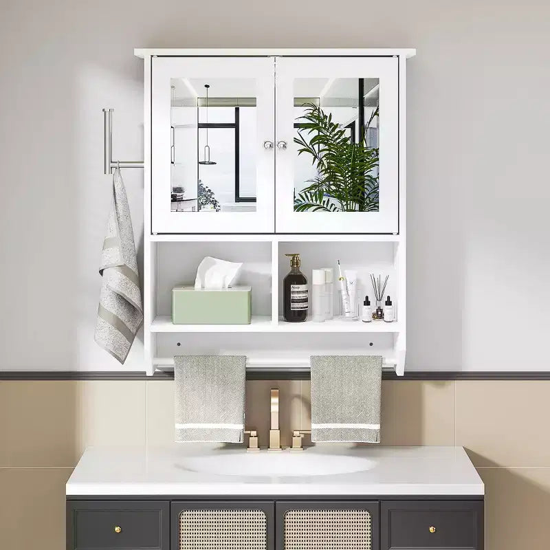 Meuble haut de salle de bain VECELO avec éclairage à détecteur, armoire à pharmacie murale avec étagères de rangement et porte-serviettes pour salle de bain ou buanderie, blanc