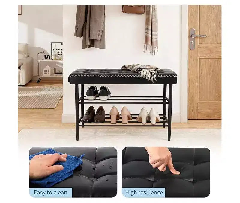 Banc porte-chaussures, banc de rangement de style Mid-Century Modern pour entrée, en cuir ciré avec détails de coutures, capacité de charge de 136 kg, finition noir ciré