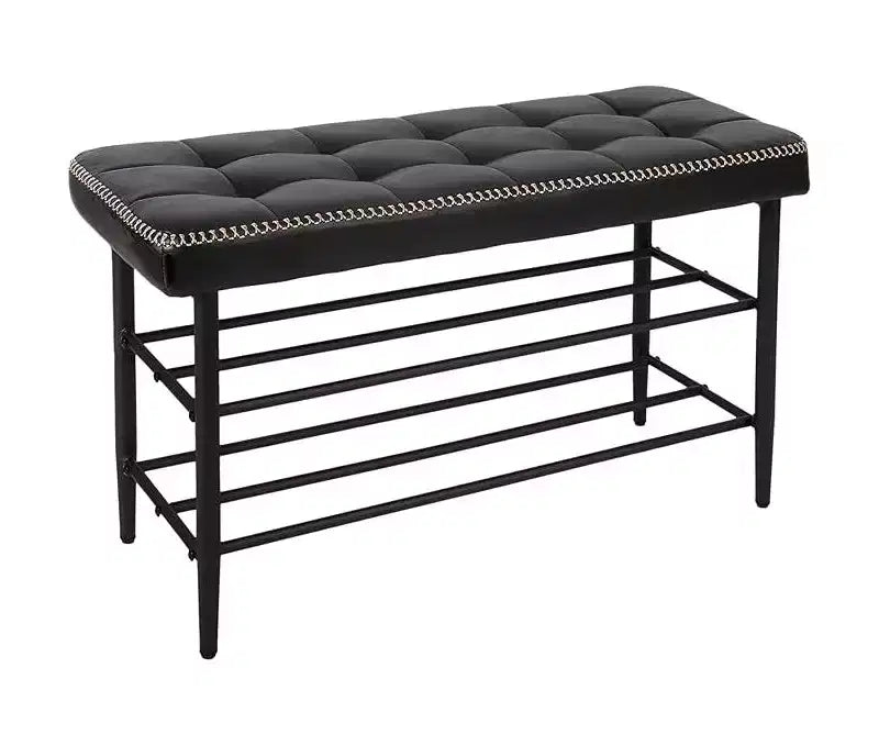Banc porte-chaussures, banc de rangement de style Mid-Century Modern pour entrée, en cuir ciré avec détails de coutures, capacité de charge de 136 kg, finition noir ciré