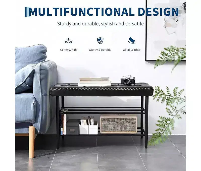 Banc porte-chaussures, banc de rangement de style Mid-Century Modern pour entrée, en cuir ciré avec détails de coutures, capacité de charge de 136 kg, finition noir ciré