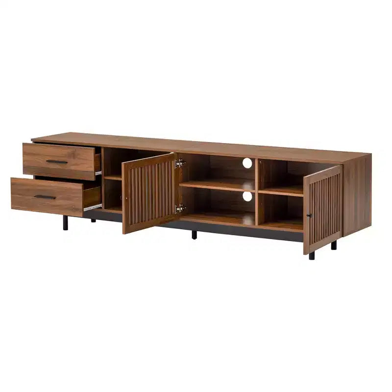 Meuble TV moderne de 78 pouces pour téléviseurs de 85 pouces, console média avec tiroirs profonds et gestion des câbles, Noyer - ModernLuxe