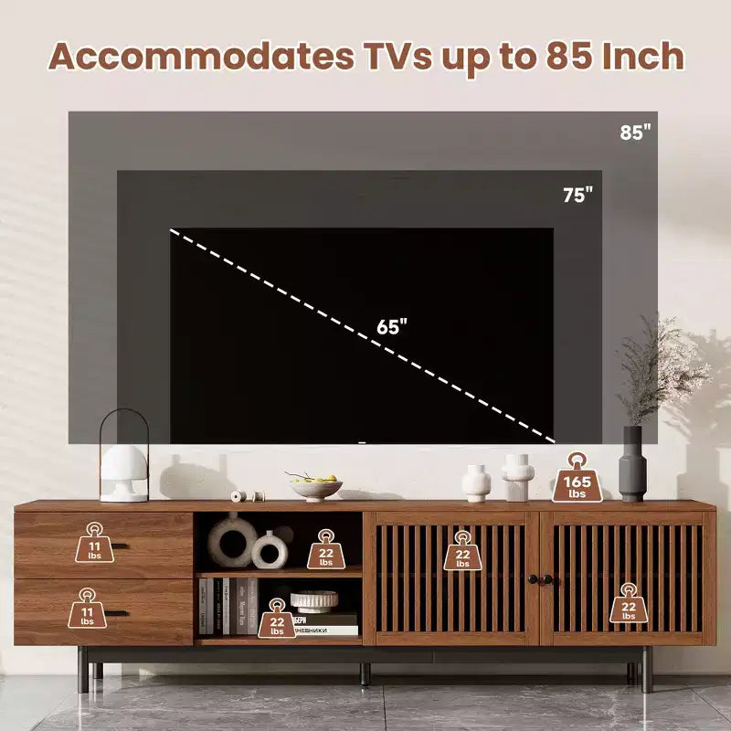 Meuble TV moderne de 78 pouces pour téléviseurs de 85 pouces, console média avec tiroirs profonds et gestion des câbles, Noyer - ModernLuxe