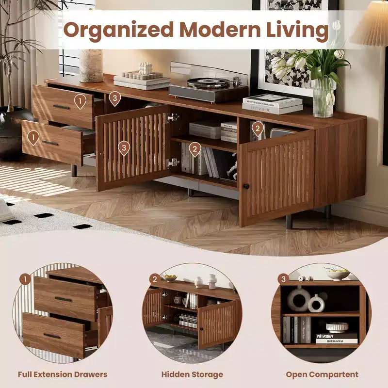 Meuble TV moderne de 78 pouces pour téléviseurs de 85 pouces, console média avec tiroirs profonds et gestion des câbles, Noyer - ModernLuxe