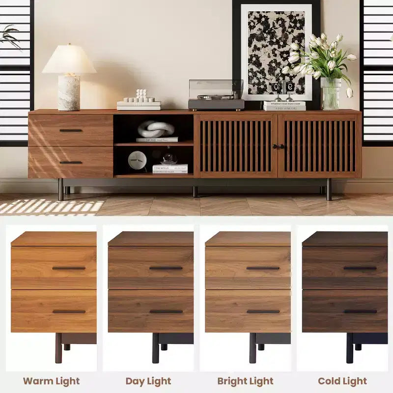 Meuble TV moderne de 78 pouces pour téléviseurs de 85 pouces, console média avec tiroirs profonds et gestion des câbles, Noyer - ModernLuxe