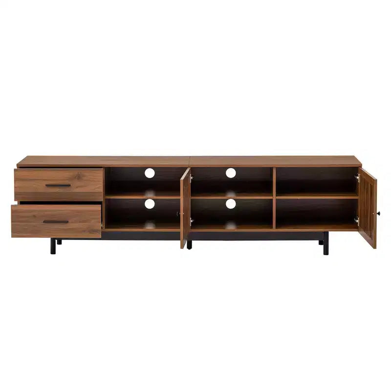 Meuble TV moderne de 78 pouces pour téléviseurs de 85 pouces, console média avec tiroirs profonds et gestion des câbles, Noyer - ModernLuxe