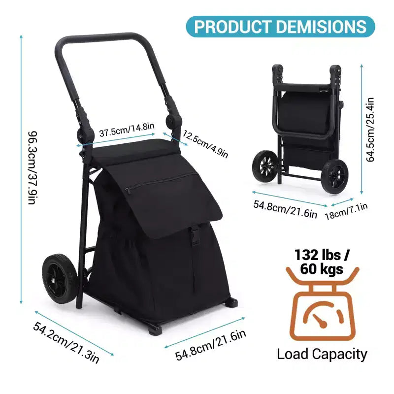 Chariot de courses pliable 2 en 1 avec siège, capacité de 60 kg, chariot d'épicerie étanche à roulettes pour la maison, les voyages - Noir