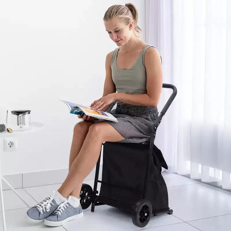 Chariot de courses pliable 2 en 1 avec siège, capacité de 60 kg, chariot d'épicerie étanche à roulettes pour la maison, les voyages - Noir