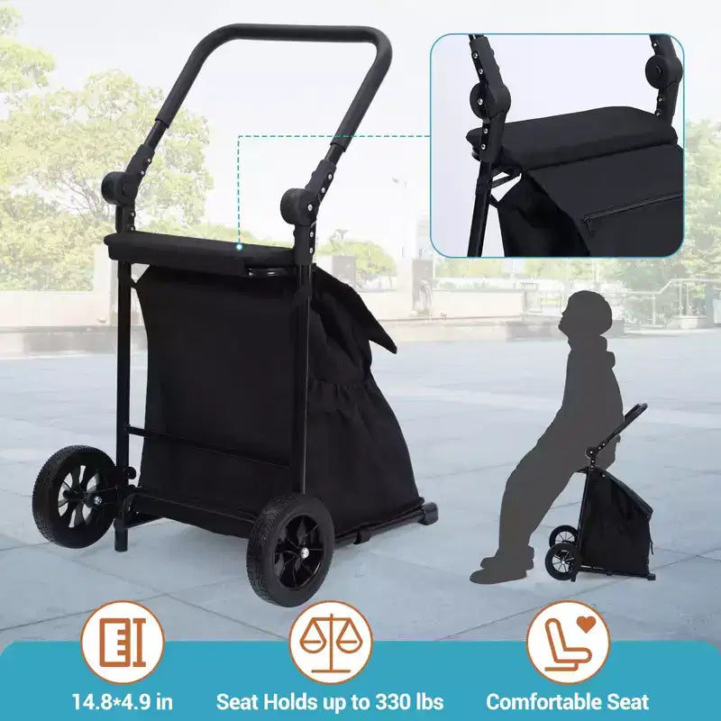 Chariot de courses pliable 2 en 1 avec siège, capacité de 60 kg, chariot d'épicerie étanche à roulettes pour la maison, les voyages - Noir