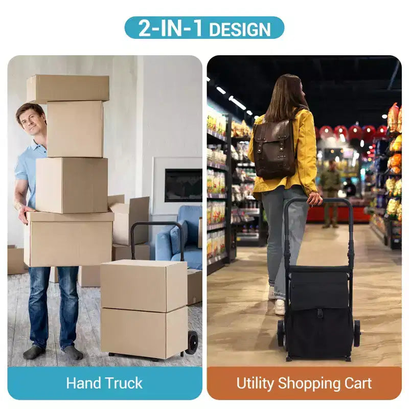 Chariot de courses pliable 2 en 1 avec siège, capacité de 60 kg, chariot d'épicerie étanche à roulettes pour la maison, les voyages - Noir