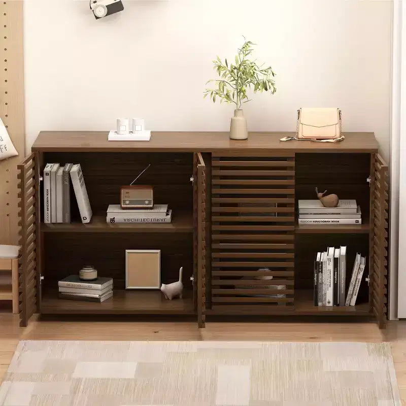 Buffet 4 portes, armoire de rangement de 60" avec portes à rayures grillagées et étagère réglable, buffet autoportant de style moderne