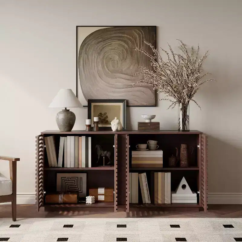 Buffet 4 portes, armoire de rangement de 60" avec portes à rayures grillagées et étagère réglable, buffet autoportant de style moderne