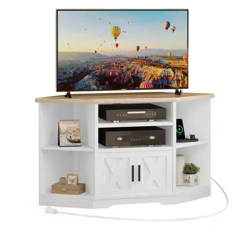 Meuble TV d'angle de ferme pour téléviseur 50 pouces, meuble de divertissement avec rangement et prise de courant, meuble console TV pour salon