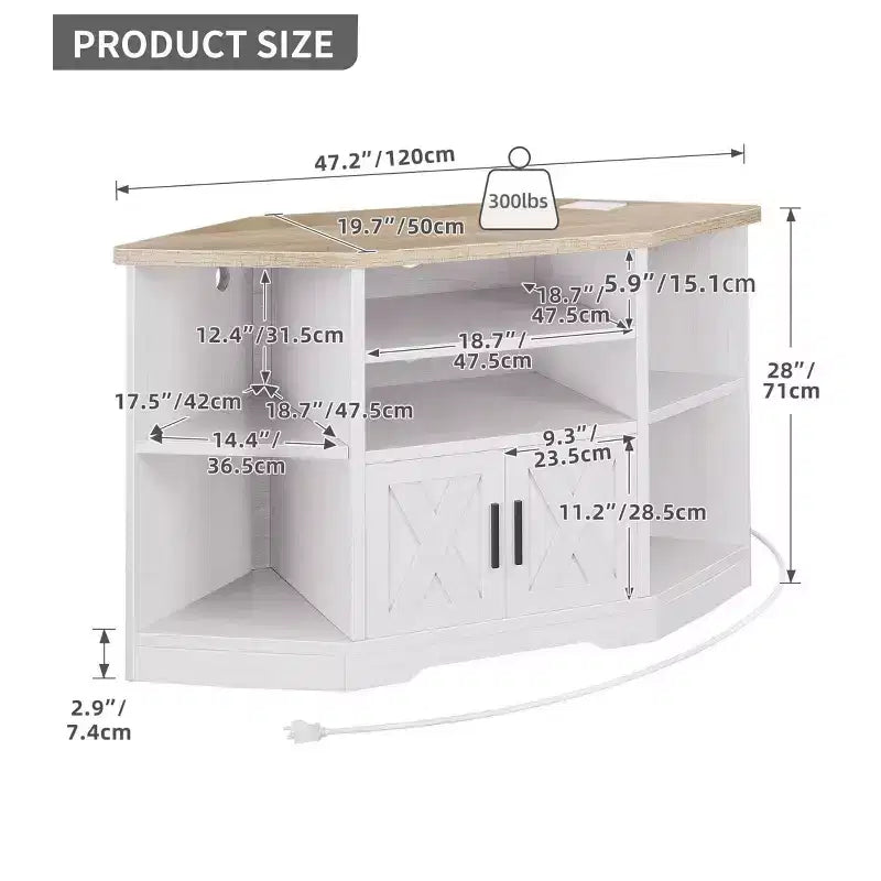 Meuble TV d'angle de ferme pour téléviseur 50 pouces, meuble de divertissement avec rangement et prise de courant, meuble console TV pour salon