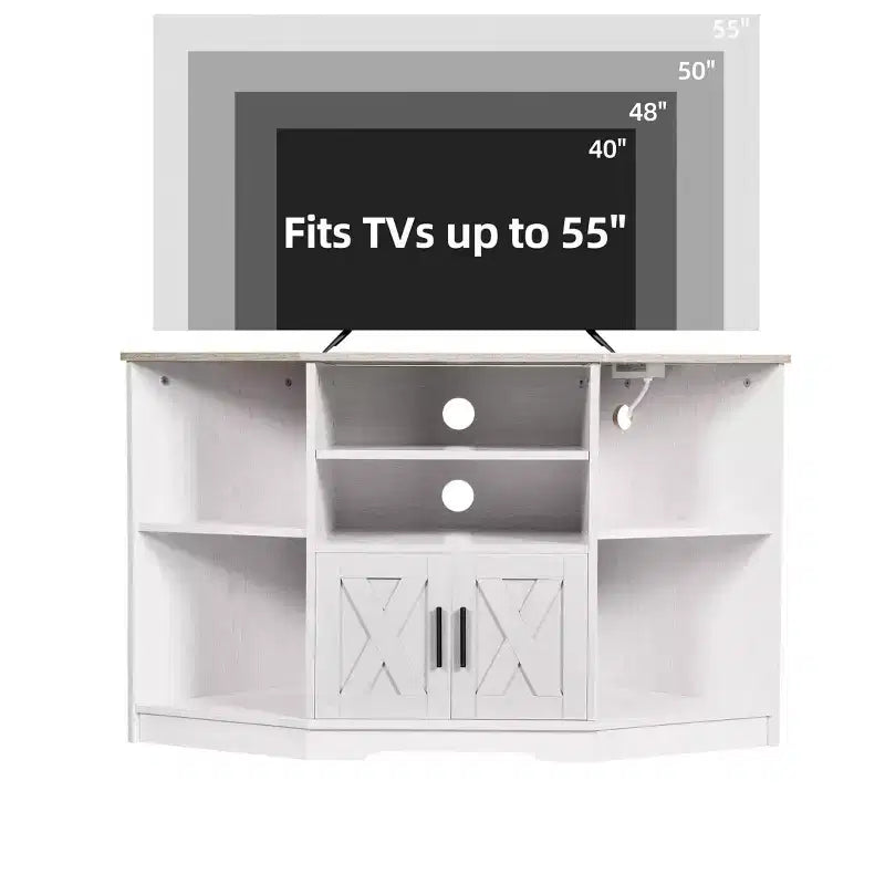 Meuble TV d'angle de ferme pour téléviseur 50 pouces, meuble de divertissement avec rangement et prise de courant, meuble console TV pour salon