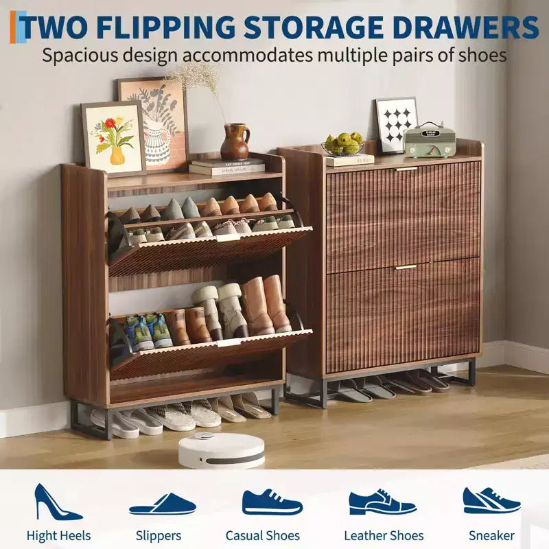 Meuble à chaussures cannelé en noyer avec 2 tiroirs basculants. Organiseur de chaussures dissimulé pour l'entrée ou le couloir