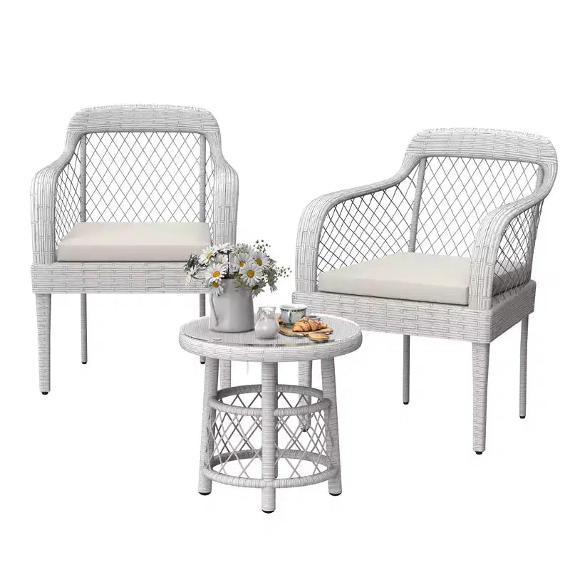 COZONY Salon de jardin 3 pièces en rotin avec coussins et table en verre