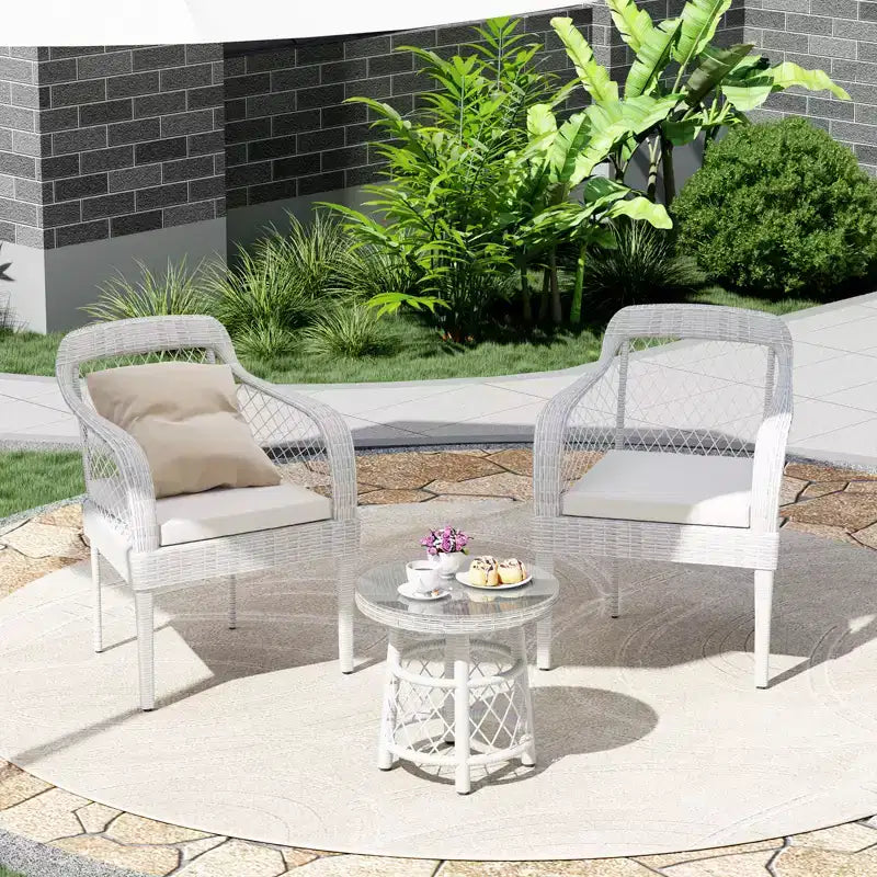 COZONY Salon de jardin 3 pièces en rotin avec coussins et table en verre