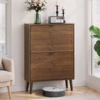 JVNOXK 23.62-inch Mid-Century Modern Freestanding Shoe Cabinet, Railing Style with 2 Flip-Top Drawers, Ideal for Hallways and Entrances, Walnut