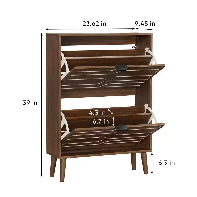 Meuble à chaussures autoportant moderne du milieu du siècle JVNOXK de 60 cm, style balustrade avec 2 tiroirs basculants, idéal pour les couloirs et les entrées, Noyer