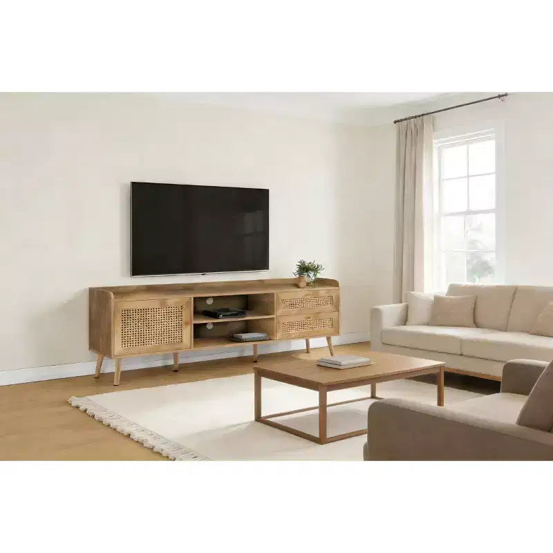 JVNOXK Meuble TV multimédia de 183 cm, adapté aux téléviseurs de moins de 80 pouces, avec 1 placard de rangement et 2 tiroirs, noyer
