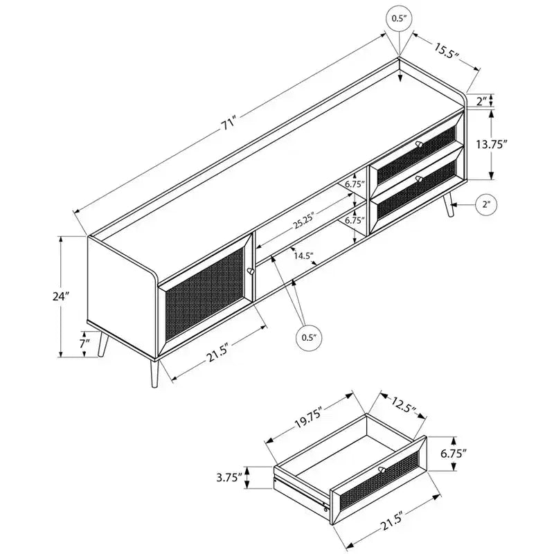 JVNOXK Meuble TV multimédia de 183 cm, adapté aux téléviseurs de moins de 80 pouces, avec 1 placard de rangement et 2 tiroirs, noyer