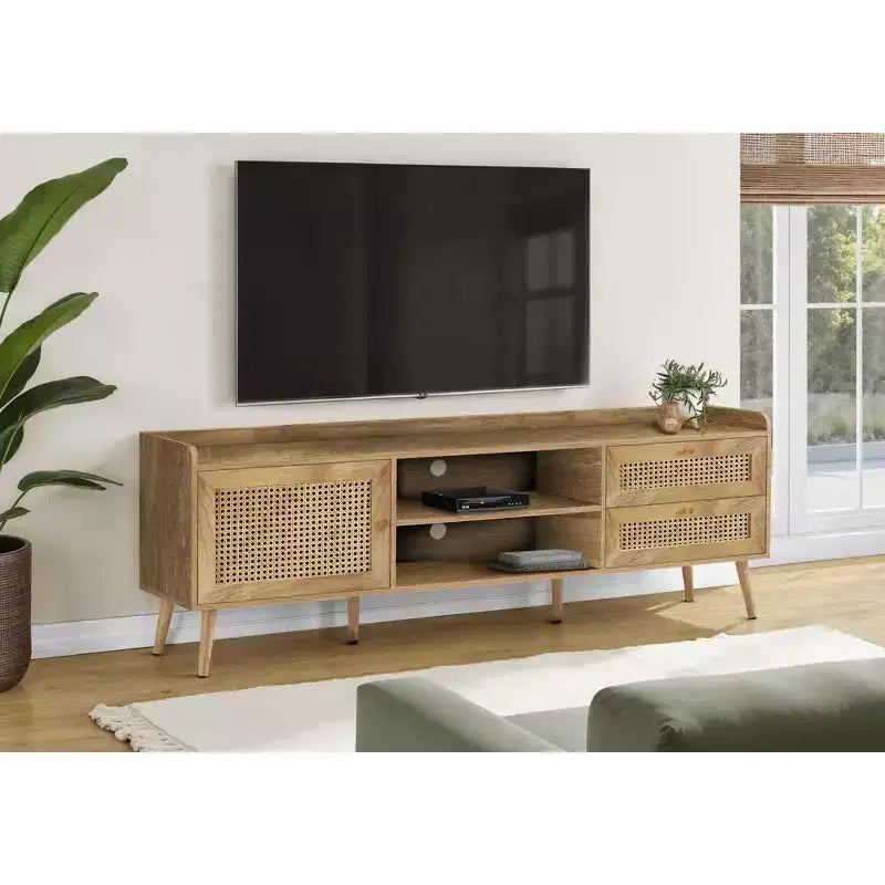JVNOXK Meuble TV multimédia de 183 cm, adapté aux téléviseurs de moins de 80 pouces, avec 1 placard de rangement et 2 tiroirs, noyer