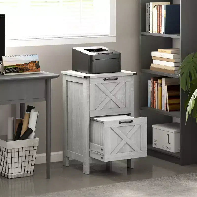 Meuble de rangement vertical HOMCOM avec 2 tiroirs à glissières silencieuses, meuble de rangement de style rustique avec portes coulissantes pour documents A4/format Lettre, support d'imprimante