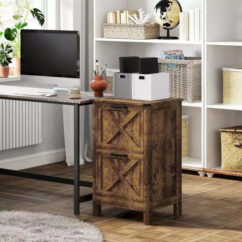 Meuble de rangement vertical HOMCOM avec 2 tiroirs à glissières silencieuses, meuble de rangement de style rustique avec portes coulissantes pour documents A4/format Lettre, support d'imprimante