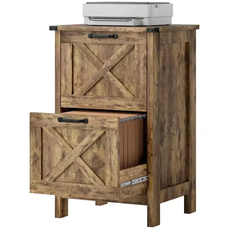 Meuble de rangement vertical HOMCOM avec 2 tiroirs à glissières silencieuses, meuble de rangement de style rustique avec portes coulissantes pour documents A4/format Lettre, support d'imprimante