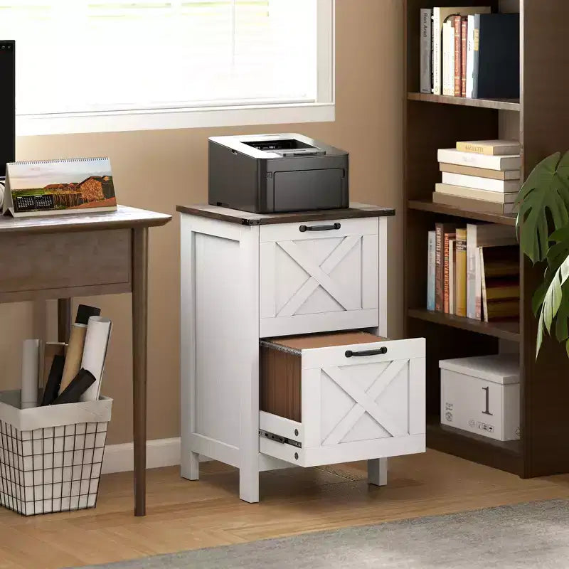 Meuble de rangement vertical HOMCOM avec 2 tiroirs à glissières silencieuses, meuble de rangement de style rustique avec portes coulissantes pour documents A4/format Lettre, support d'imprimante
