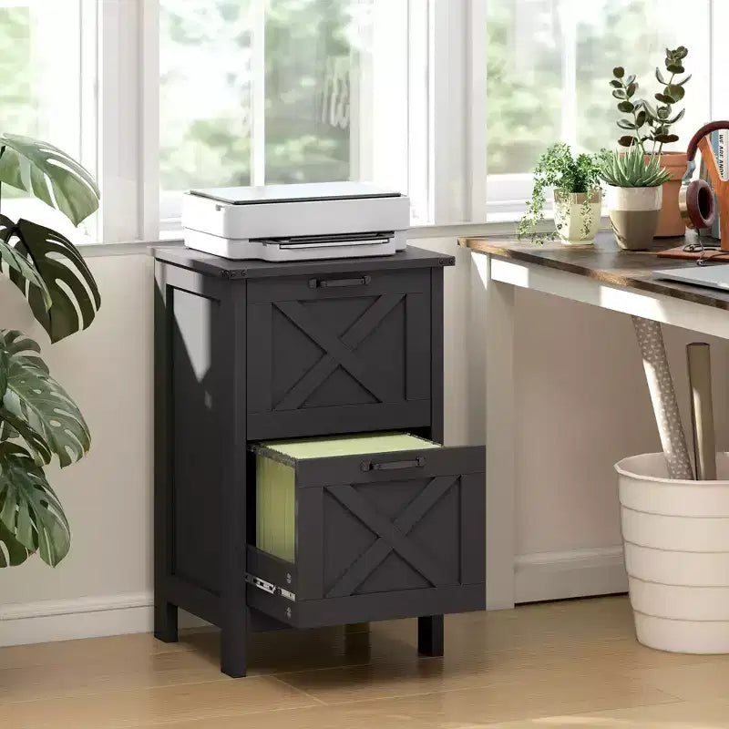 Meuble de rangement vertical HOMCOM avec 2 tiroirs à glissières silencieuses, meuble de rangement de style rustique avec portes coulissantes pour documents A4/format Lettre, support d'imprimante