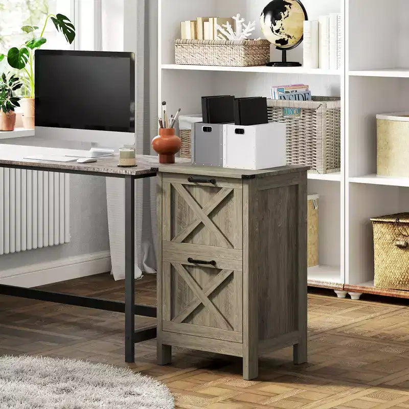 Meuble de rangement vertical HOMCOM avec 2 tiroirs à glissières silencieuses, meuble de rangement de style rustique avec portes coulissantes pour documents A4/format Lettre, support d'imprimante