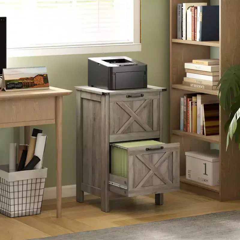 Meuble de rangement vertical HOMCOM avec 2 tiroirs à glissières silencieuses, meuble de rangement de style rustique avec portes coulissantes pour documents A4/format Lettre, support d'imprimante